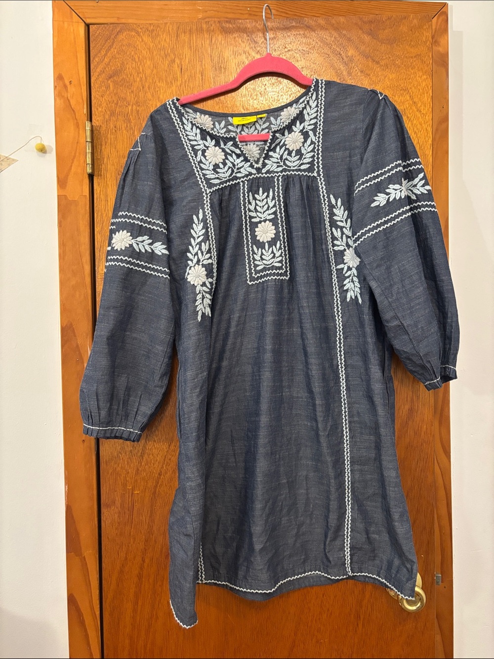 Roller Rabbit Embroidered 100% Cotton Blue Chambray Long Sleeve Abigail Dress